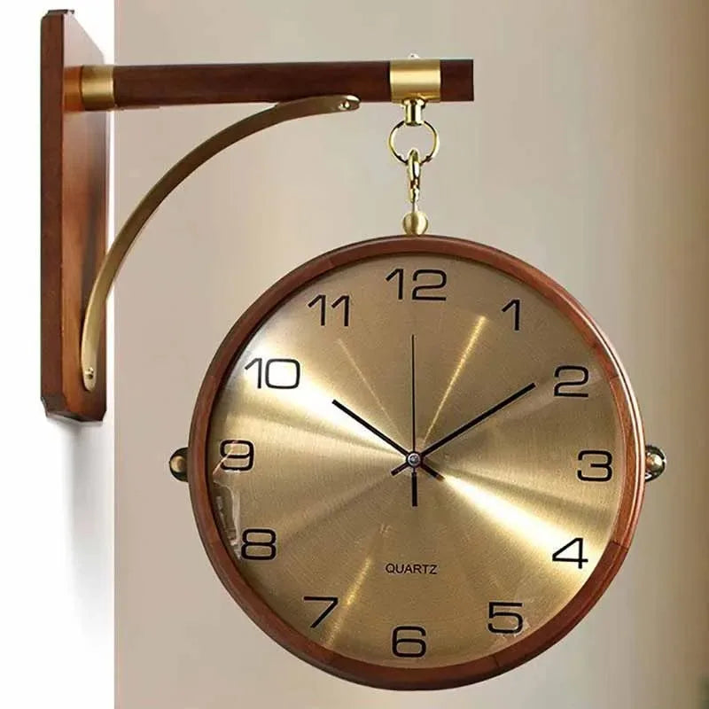 Luxury Wood Double Sided Wall Clocks Movement Silence 360° Rotatable Wall Clock Aesthetic Living Room Decoration Accessories